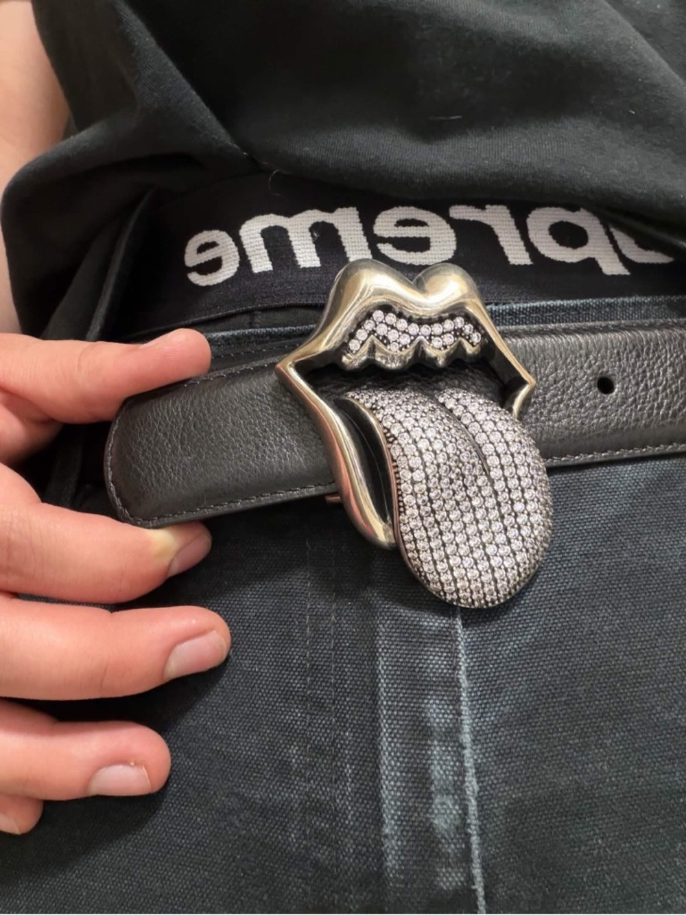 Chrome Hearts Black Belt with Silver Rhinestone Rolling Stones Buckle